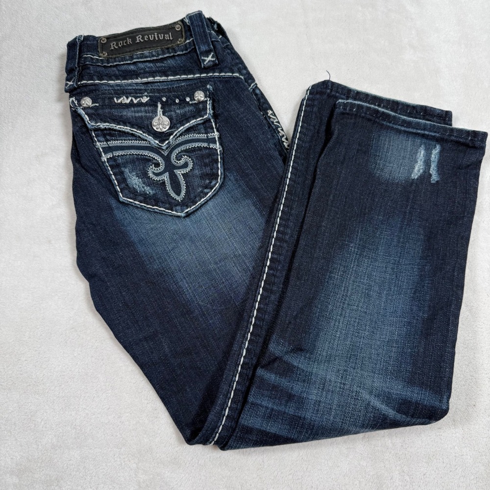 Rock Revival Stephanie Easy Capri Jeans Dark Wash Embellished Pockets Size 26